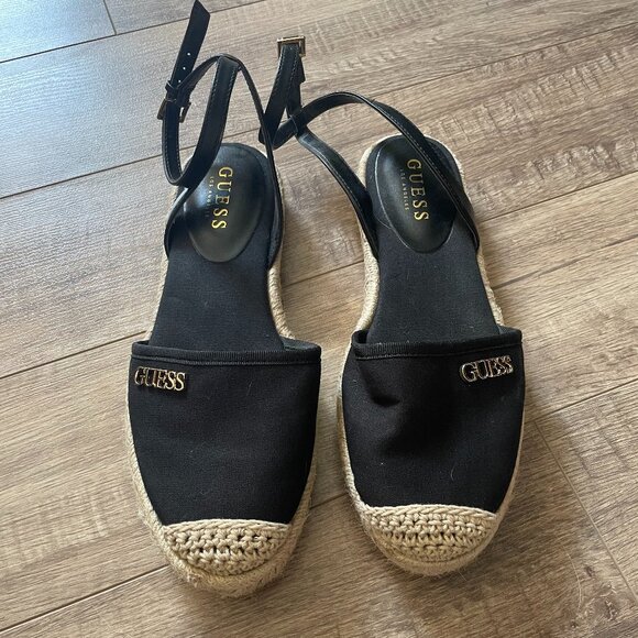 GUESS Espadrilles, Women's size 7, worn 1x, black upper with gold Guess logo - Picture 1 of 2